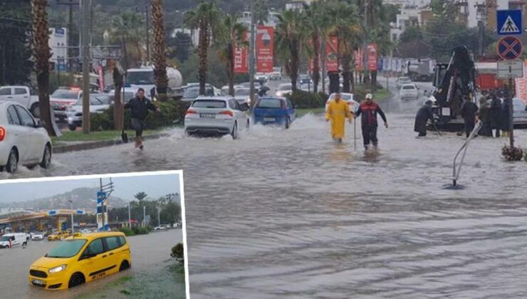 Bodrum’da şiddetli sağanak! Cadde ve sokaklar göle döndü