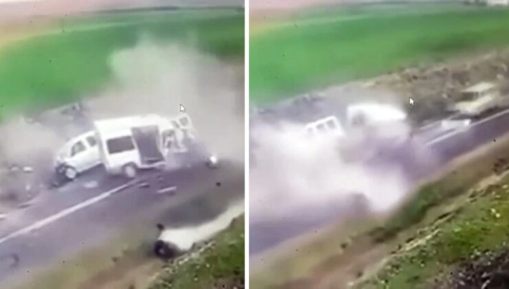 4’ü ağır 6 kişinin yaralandığı kaza anı kamerada! Minibüsün motoru böyle fırladı
