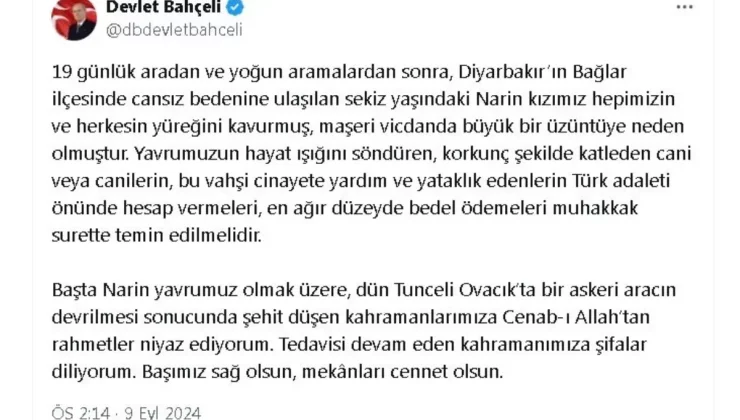 Bahçeli’den Narin Güran Cinayeti Üzerine Sert Açıklama
